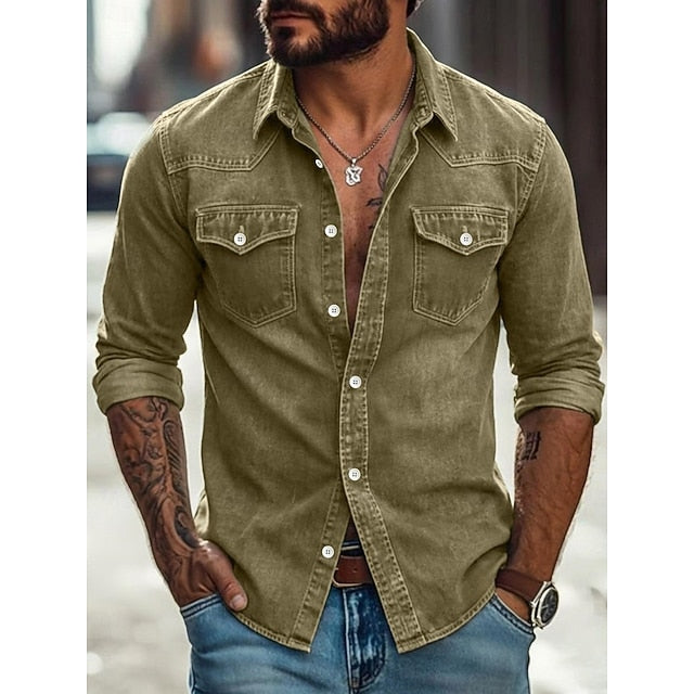 Ανδρικό Πουκάμισο SoftFade™ Casual Πουκάμισο Εργασίας Πουκάμισο Western Κουμπωτό Πουκάμισο Βαμμένο Γαλάζιο Μαύρο Κόκκινο Πράσινο Μακρυμάνικο Μονόχρωμο με Κολάρο Casual Καθημερινό με Μπροστινή Τσέπη Ενδύματα Βαμβακερό