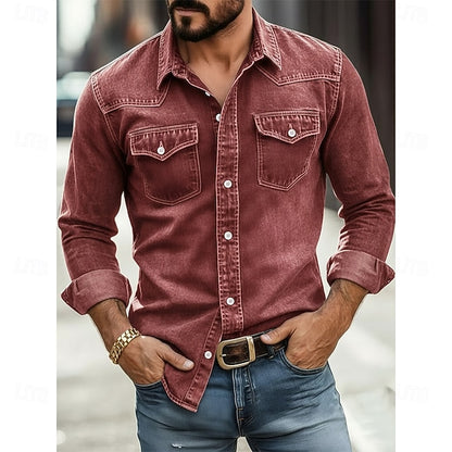 Ανδρικό Πουκάμισο SoftFade™ Casual Πουκάμισο Εργασίας Πουκάμισο Western Κουμπωτό Πουκάμισο Βαμμένο Γαλάζιο Μαύρο Κόκκινο Πράσινο Μακρυμάνικο Μονόχρωμο με Κολάρο Casual Καθημερινό με Μπροστινή Τσέπη Ενδύματα Βαμβακερό